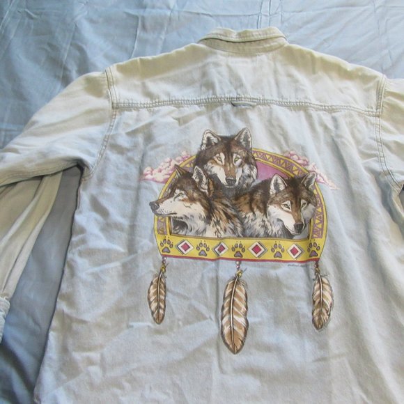 Mens Vtg Native American Wolf Print Denim Button Up Shirt Sz M - Picture 5 of 7